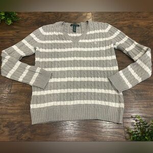 RALPH LAUREN 🍃EUC Preloved Cable Knit White Gray Women’s Sweater Long Sleeve Top